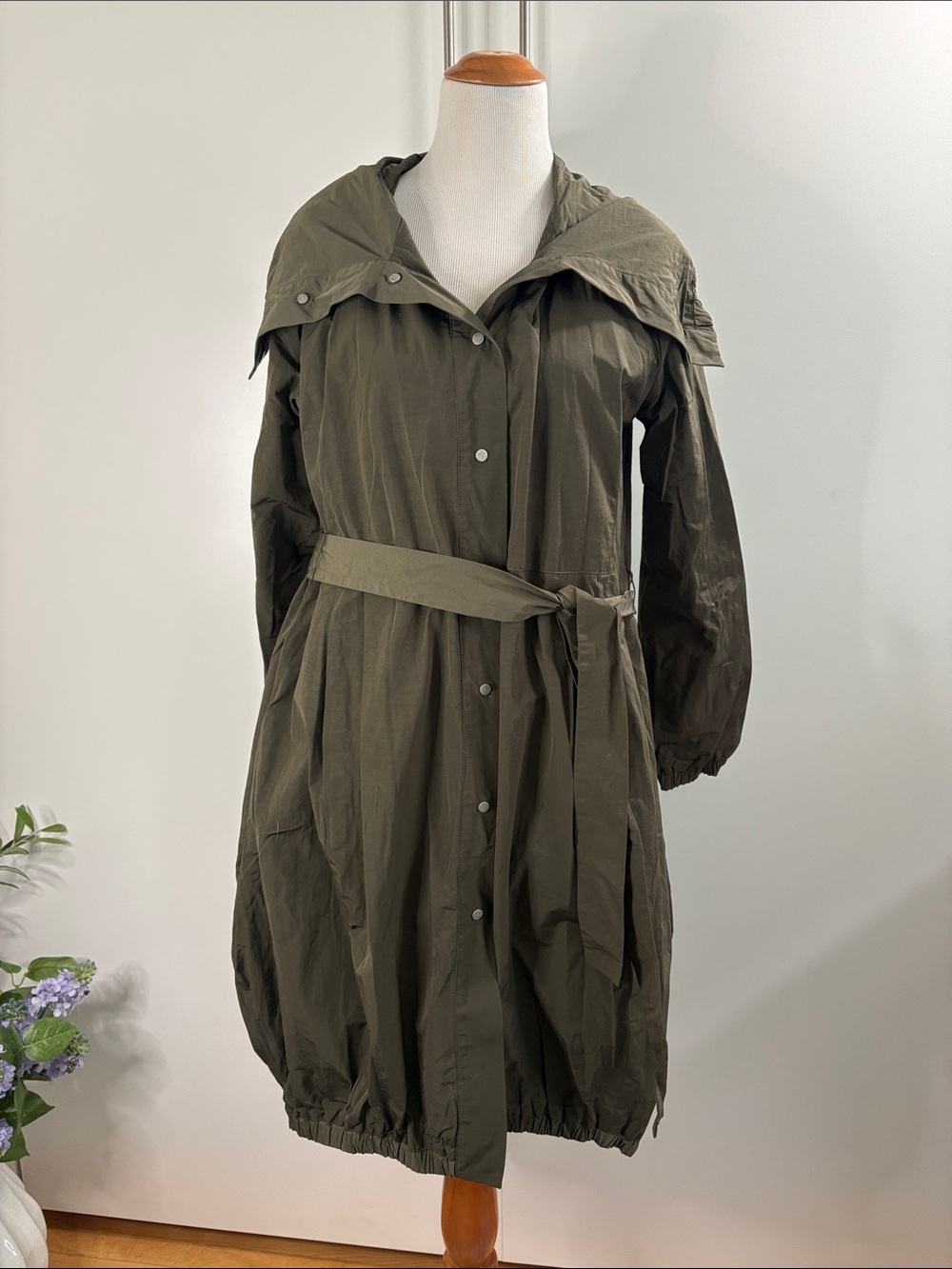 Eileen Fisher Olive Hooded Trench with Waist Tie M
